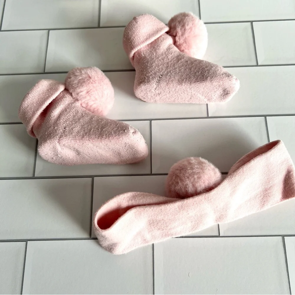 3M💗 Mayoral Pink Pom Pom Baby Sock Booties and Headband Set Organic Cotton Set